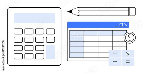 Calculator, grid spreadsheet, money symbol, and pencil conveying accounting, budgeting, analysis, calculations. Ideal for finance, education productivity office work organization planning simple