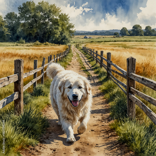 Watercolor illustration of a Great Pyrenees walking along a farm trail bordered by wooden fences and tall grass.