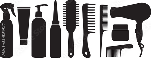 hair care products and tools concept of beauty products, styling essentials, salon accessories, design element silhouette vector