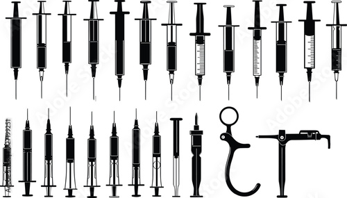 Medical syringe silhouette vector set, hypodermic needle injection tools, and surgical instruments isolated on white background for healthcare, vaccination, and hospital design.