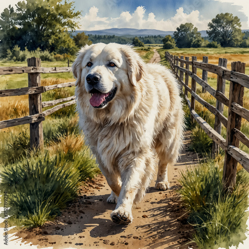 Watercolor illustration of a Great Pyrenees walking along a farm trail bordered by wooden fences and tall grass.
