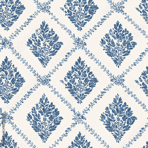 Seamless pattern. Blue floral damask seamless pattern creating a diamond trellis grid, vintage classic botanical baroque textile background