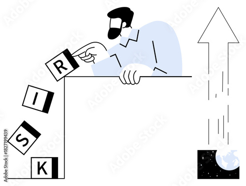 Man eliminating the R block from the word RISK to reduce uncertainty while an arrow soars, symbolizing growth, leadership, success, and opportunity. Ideal for business, risk management