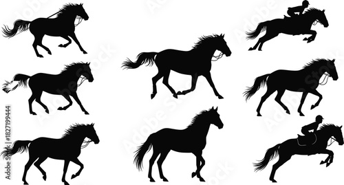 Running horse silhouette vector set, jumping stallion icons, and equestrian riders isolated on white background for racing sport and farm animal design.