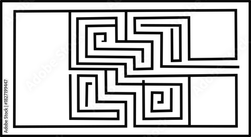 Rectangular maze vector illustration, black and white labyrinth puzzle game isolated on white background for logic challenge and problem solving design.