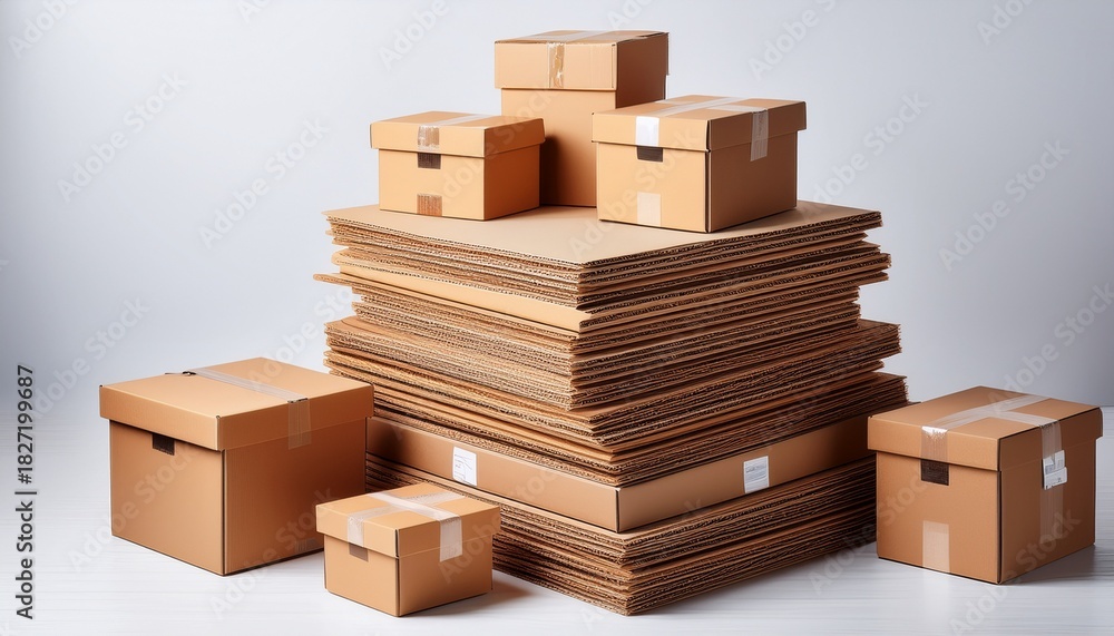Fototapeta premium cardboard boxes stacked on a light background displaying shipping and storage items for delivery and organization