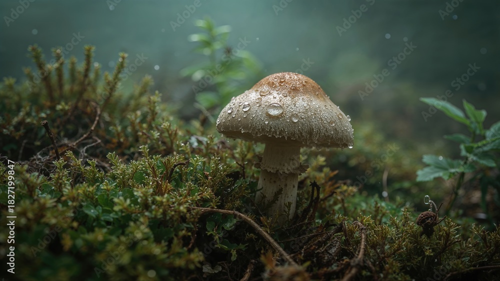Fototapeta premium A mushroom growing in a mossy forest with dew drops on its cap. Nature and fungi, concept. Forest ecology and plant life. The concept of growth and natural environment