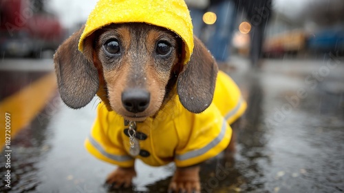 Fototapeta Naklejka Na Ścianę i Meble -  Small dachshund wearing yellow raincoat walks in the rain on a wet street in a bustling city
