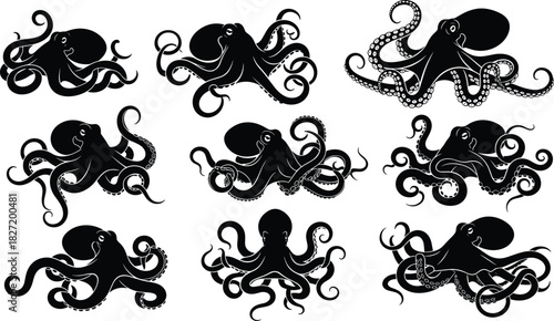 Vector illustration of black octopus silhouette set, marine animal icon collection, underwater creature design, isolated cephalopod on white background, tentacle monster symbols.