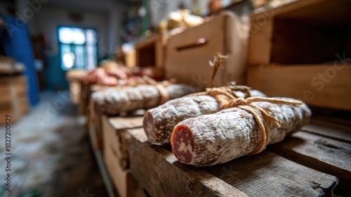 A visually pleasing display of artisanal cured meats in a rustic market, emphasizing traditional preservation techniques and the beauty of handcrafted food items in a natural environment.