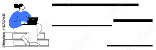 Woman seated on books using laptop, hinting at learning, self-improvement, education, and focus. Ideal for study, work-life balance, personal growth, technology productivity minimalism simple flat