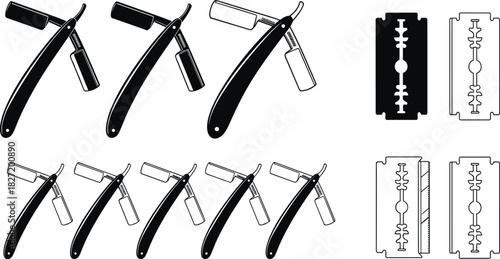 Vector illustration of straight razor and blade silhouette set, vintage barbershop tool collection, shaving instrument icons, black and white hair salon equipment.