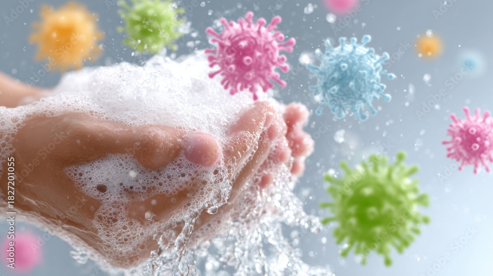 Fototapeta premium Clean hands with soap wash away germs in a colorful, animated display of viruses and bacteria