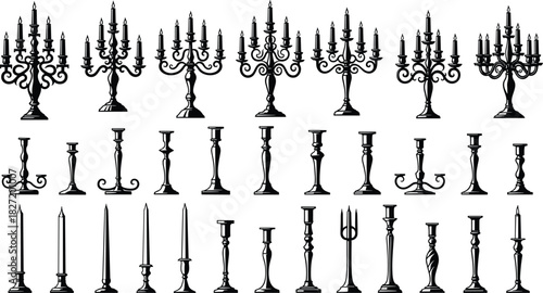 Vintage candelabra silhouette vector set, antique candle holder icons, and burning wax candles isolated on white background for interior decoration design.
