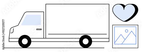 Black-and-white delivery truck beside a heart and framed image icon. Ideal for logistics, delivery, e-commerce, transportation, emotional connection, creativity, and minimalism. A simple flat