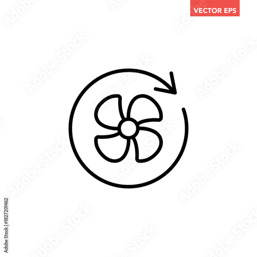 Black single Cooling fan line icon. Simple Propeller wind turbines with arrow cycle flat design pictogram vector for app ads web button ui interface elements isolated on white background
