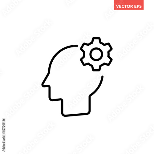 Black single gear in head line icon, simple logic thinking flat design vector pictogram, infographic interface elements for app logo web button ui ux isolated on white background