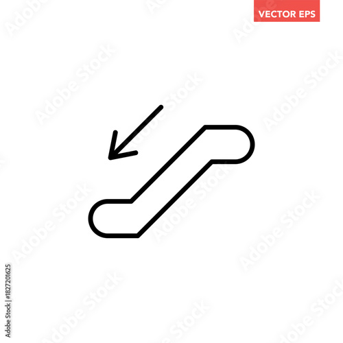 Black single escalator down line icon, simple downward moving escalator flat design infographic pictogram vector for app logo ads web button ui ux interface elements isolated on white background