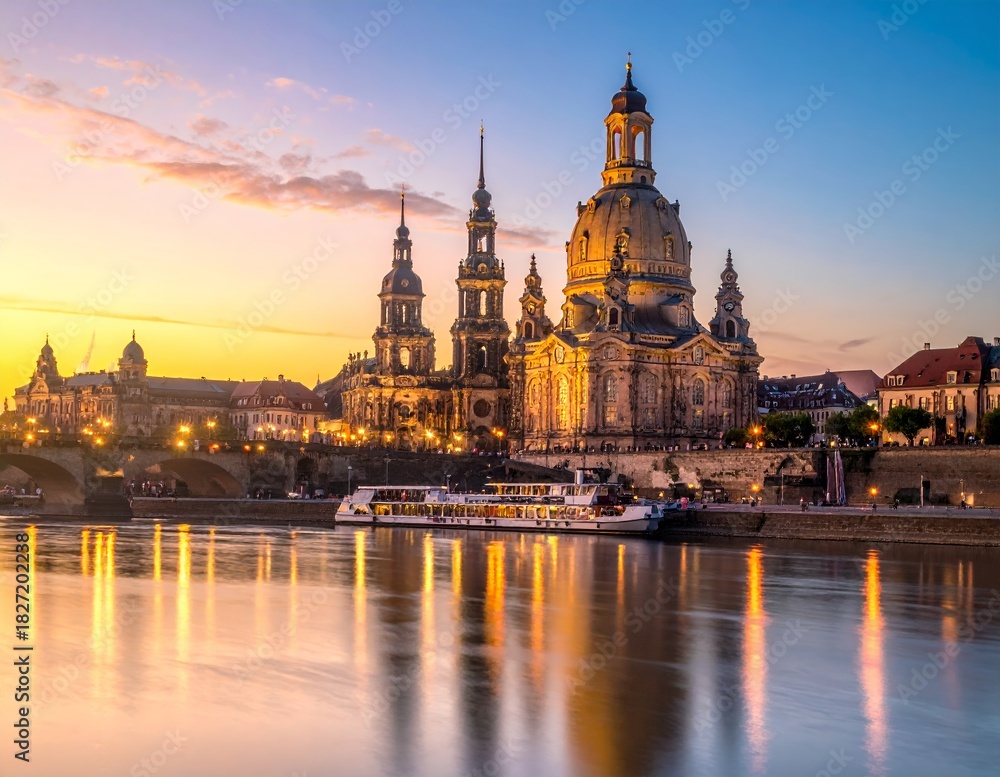 Fototapeta premium Dresden Skyline at Sunset - Frauenkirche and Elbe River Reflection.