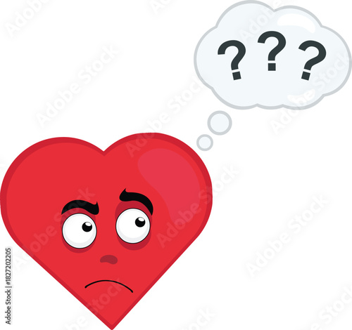 vector illustration emoticon character heart cartoon, with a doubtful or thinking expression and a thought cloud with question marks
