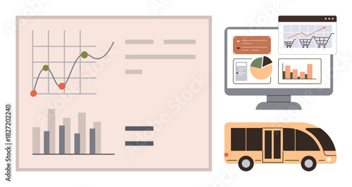 Data visualization with bar graph, line chart, and digital analytics dashboard next to a bus. Ideal for analytics, transportation, business insights, logistics, data trends, performance tracking