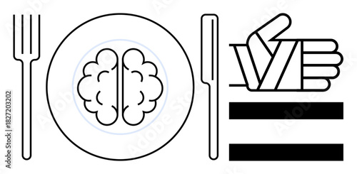 Brain set on a plate with fork, knife, and hand giving thumbs-up, symbolizing mental health, nourishment, positive habits, and intellectual growth. Ideal for psychology, wellness nutrition habits
