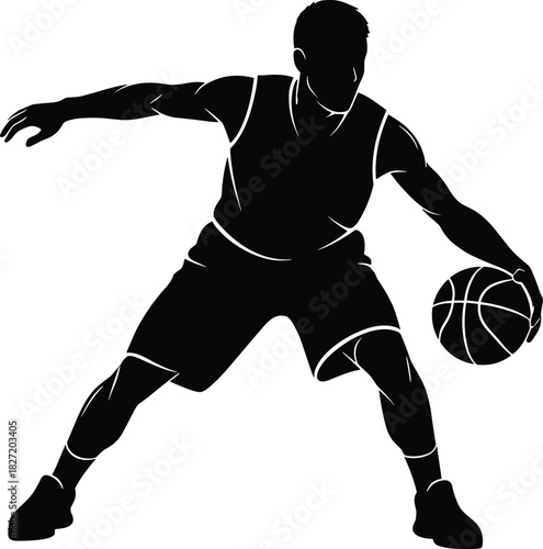 Basketball player silhouette illustration, dynamic dribble pose sketch, athletic motion design concept, sports action vector layout, cad drawing flat vector illustration