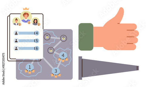 Leaderboard with avatars and points, roadmap with milestones, hand giving thumbs-up, megaphone indicating achievement. Ideal for leadership, teamwork recognition, productivity, rating, goal-setting