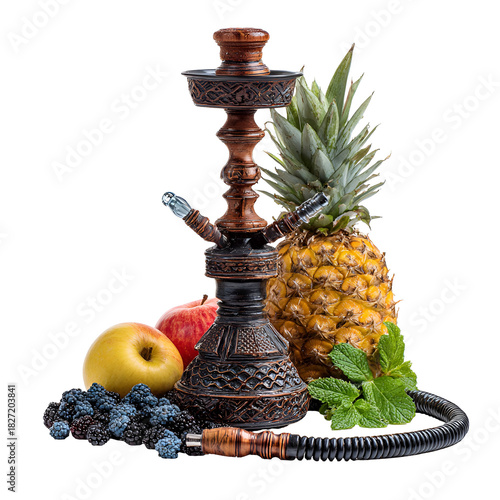 Ornate hookah pipe with fresh tropical fruits and mint leaves