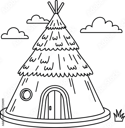Cute Cartoon Wigwam or Tipi Tent Line Art Vector Illustration, Simple Black Outline Teepee Hut with Door, Nature Camping Adventure Housing Concept for Children's Coloring Book Page