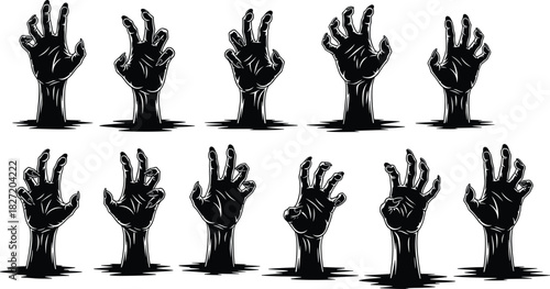 Dark zombie hands rising from the ground in eerie horror scene, spooky Halloween vector illustration design for scary themes, mystery artwork, nightmare atmosphere