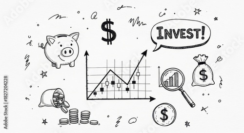 Hand-drawn finance concept showing investment strategy with growth chart and wealth savings