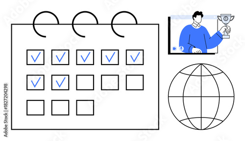 Calendar with checkmarks symbolizes task management. Features global connectivity, achievement representation, and workflow organization. Ideal for productivity, teamwork, goal setting, project
