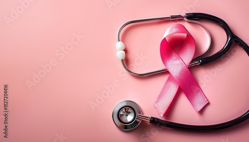 pink ribbon and stethoscope for breast cancer awareness and medical health care concept