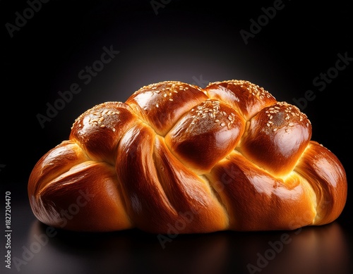 a golden brown challah bread loaf with a shiny crust sitting on a plain black background studio shot on white background
