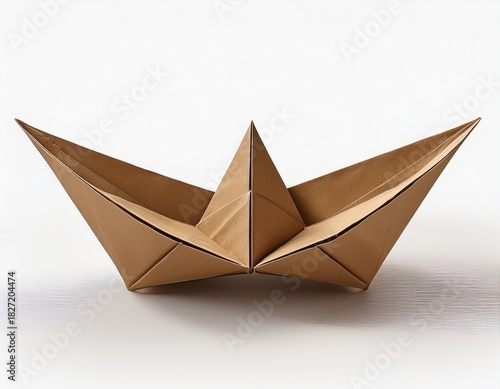 folded brown paper origami boat on white background