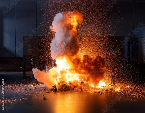 dramatic explosion in a test lab creates powerful spectacle intense orange and white flames with scattered debris