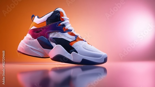 A trendy pair of sneakers stands prominently against an eye-catching gradient background, showcasing contemporary design and modern fashion in an artistic presentation.