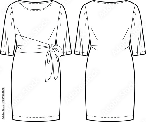 Women's Elegant Knit Sheath Dress with Side Tie Sash Detail, Three-Quarter Puff Sleeves, Scoop Neckline, Technical CAD Drawing Flat Vector Fashion Illustration