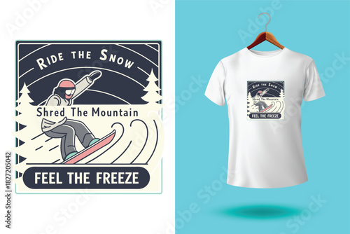 Short sleeved cotton sports t shirt decorated winter snowflakes. Six pointed fluffy snowflakes symbol of winter weather. Comfortable summer clothes. Vector ornament for design of textile and fabric