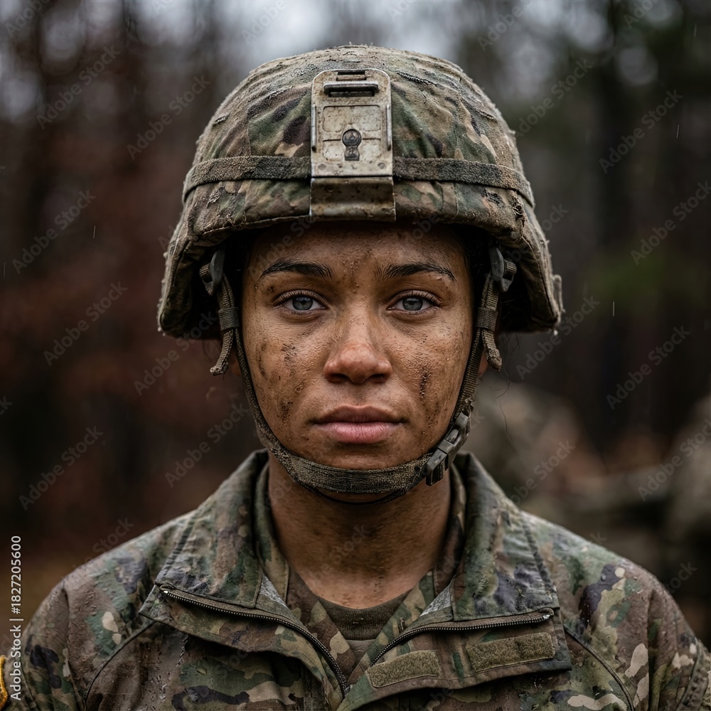 Obraz premium Empowered Female Soldier in Combat Ready Stance