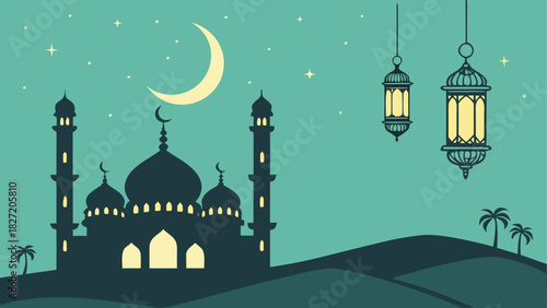 Silhouette mosque with lanterns and moon at night