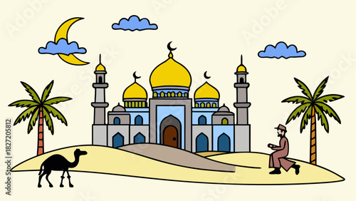 Illustration of desert scene with mosque and camel
