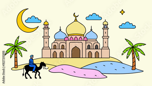 Illustration of a mosque with camel and desert