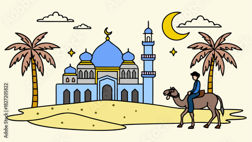 Illustration of a mosque with camel and palm trees