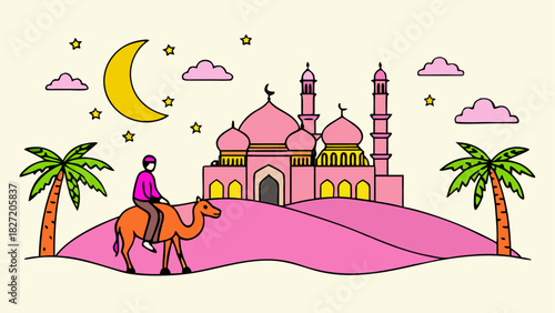 Camel rider near mosque with moon and stars above