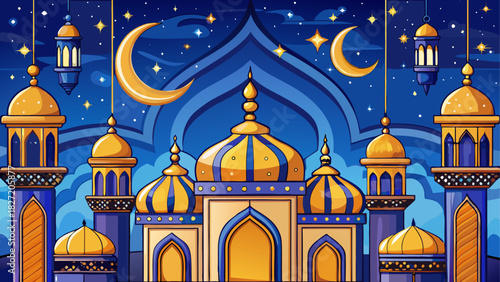 Illustration of mosque with moon and stars night