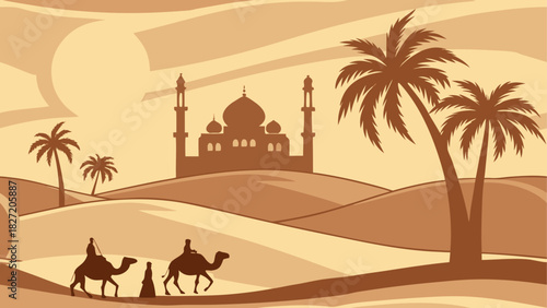 Camels and people in desert with mosque and palms