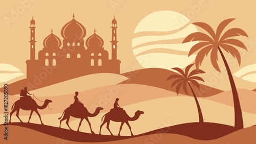 Caravan crossing desert with mosque and palms