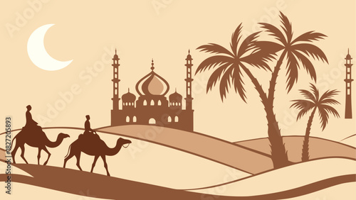 Caravan crossing desert with mosque and moon view